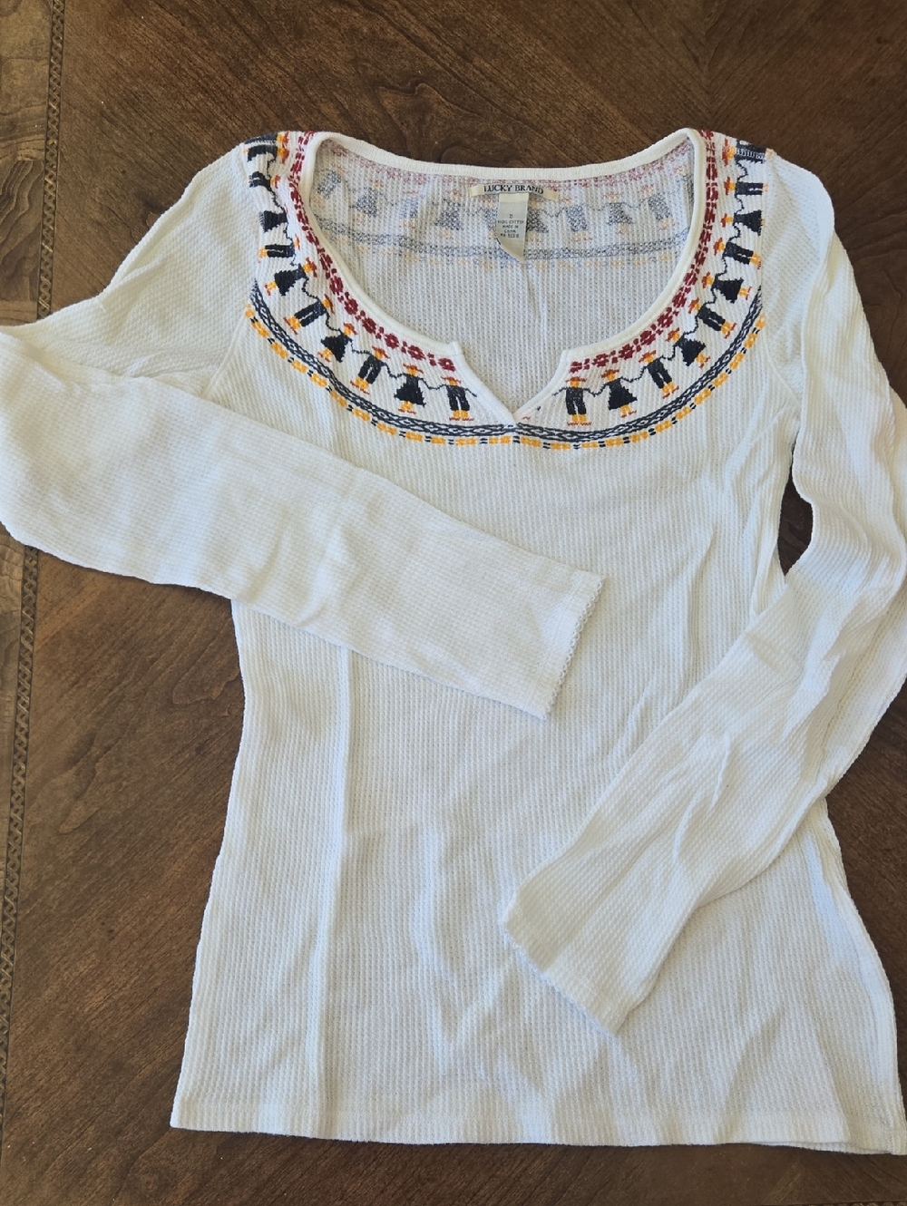 Lucky Brand White Long-Sleeve Scoop Neck Top with Multicolor Embroidery